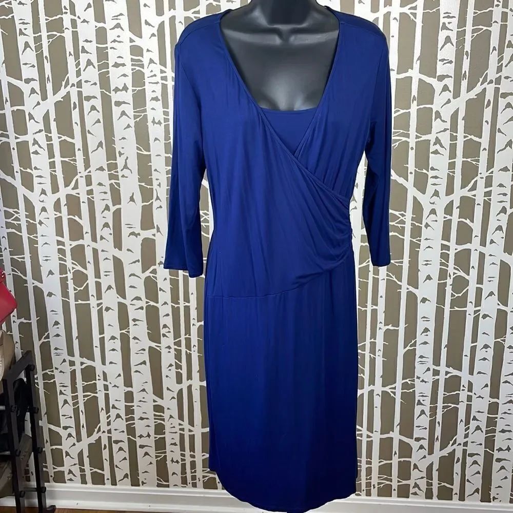 Milk Nursingwear Navy Blue 3/4 Sleeve Crossover Top Midi Dress sz M